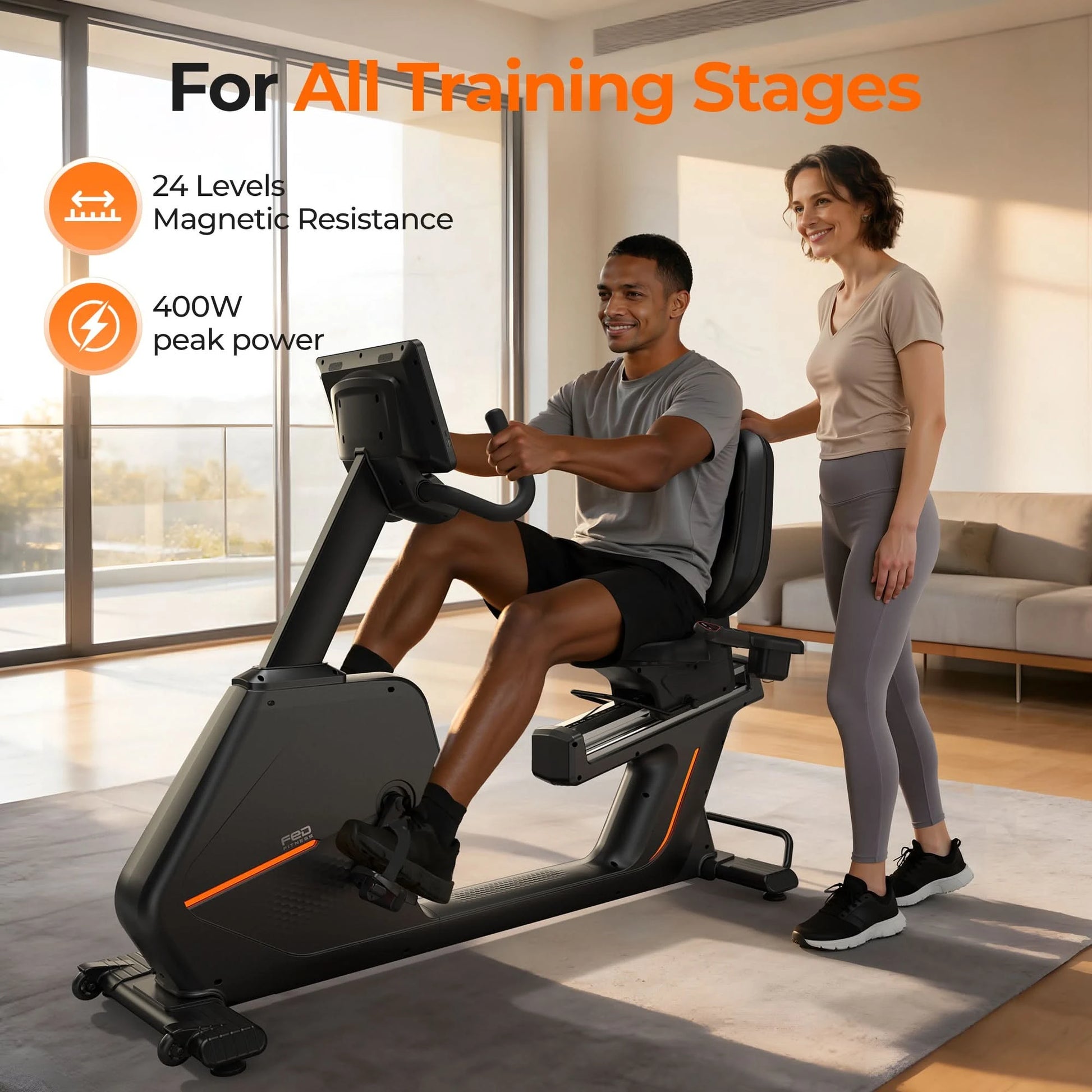 Person using a recumbent bike with text about training stages and bike features in a home setting.