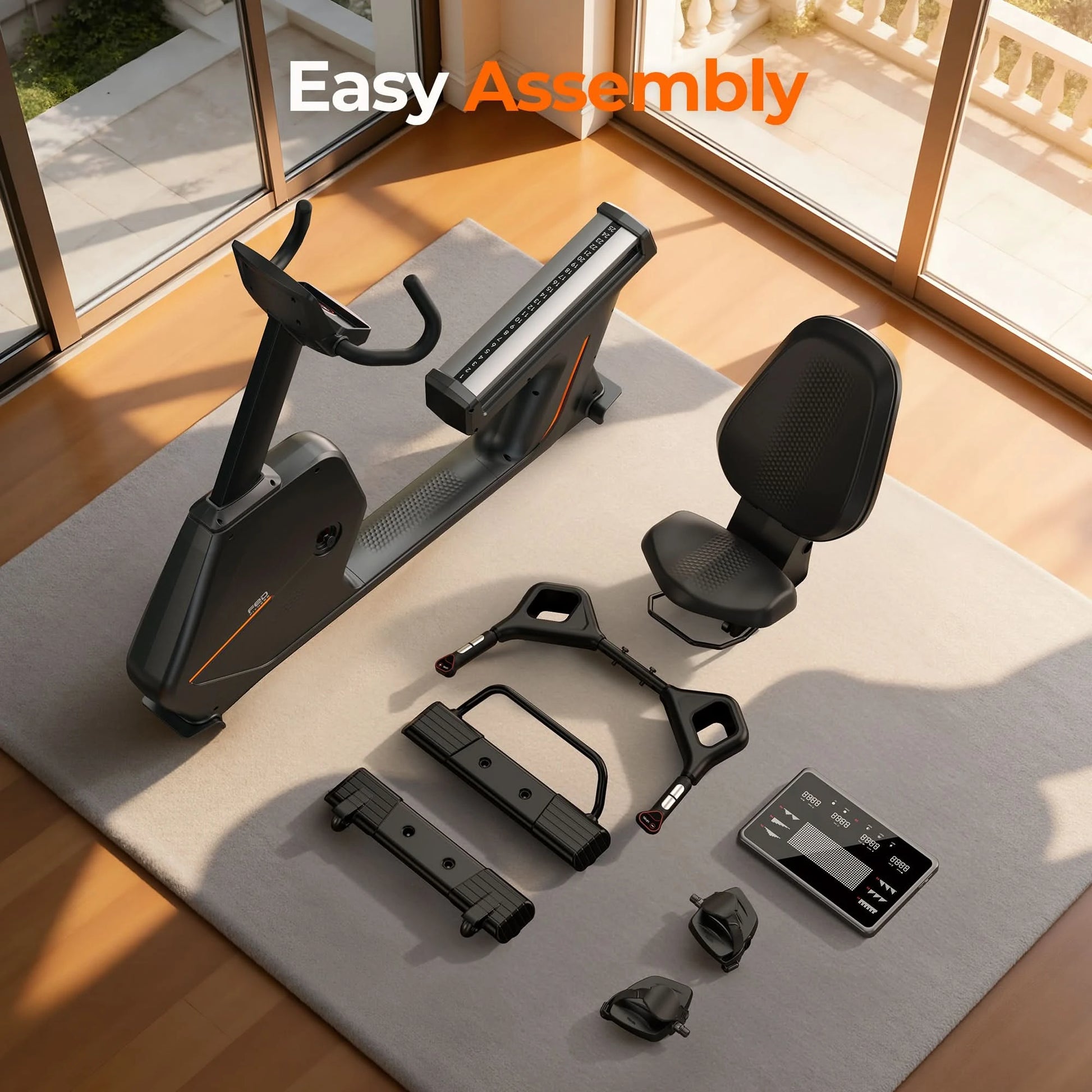 Home office setup with components on a rug, featuring 'Easy Assembly' text.