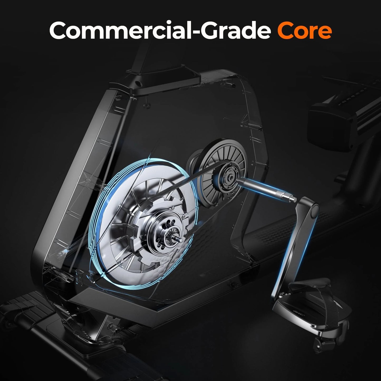 Mechanical component with 'Commercial-Grade Core' text on a dark background