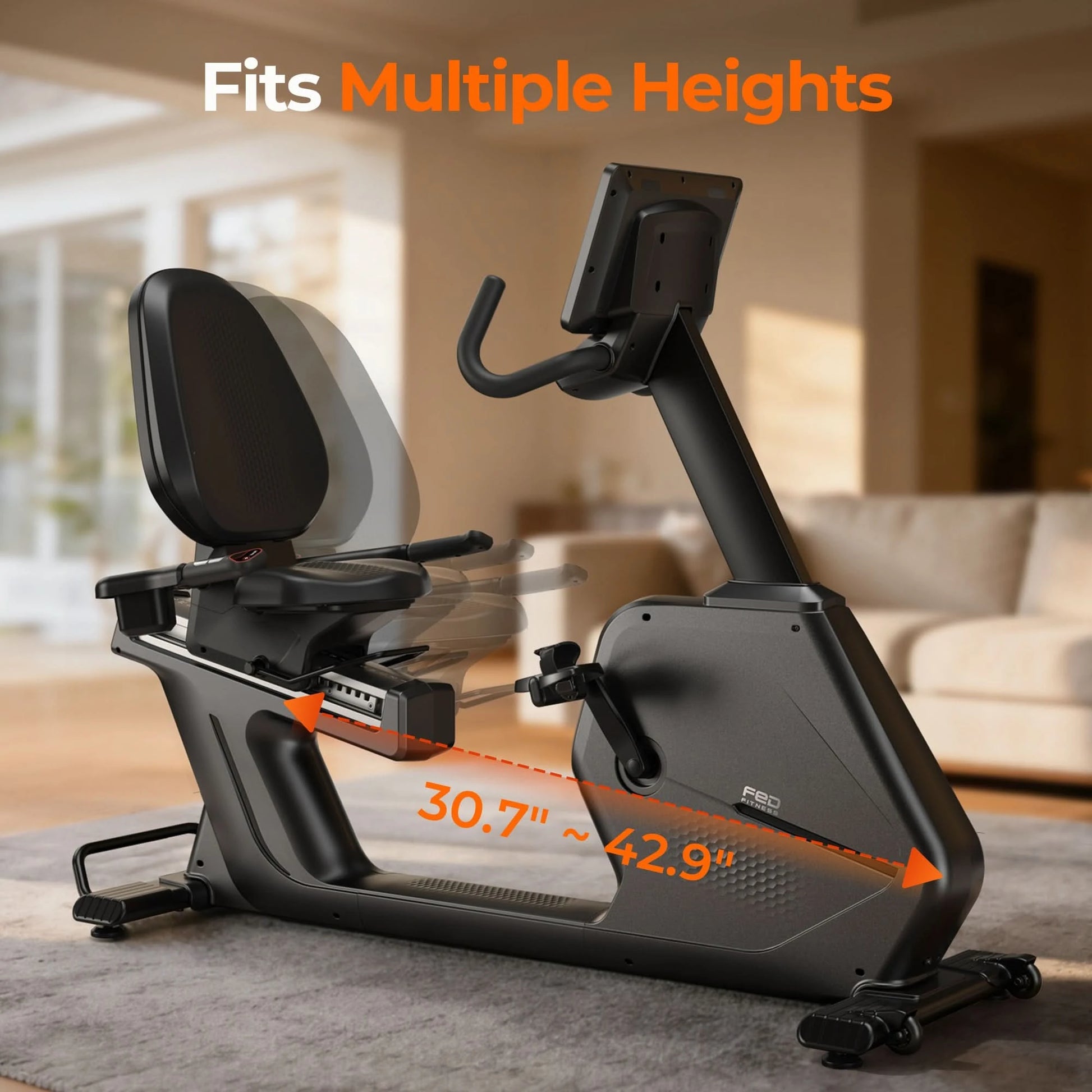 Recumbent bike with adjustable seat height in a living room setting