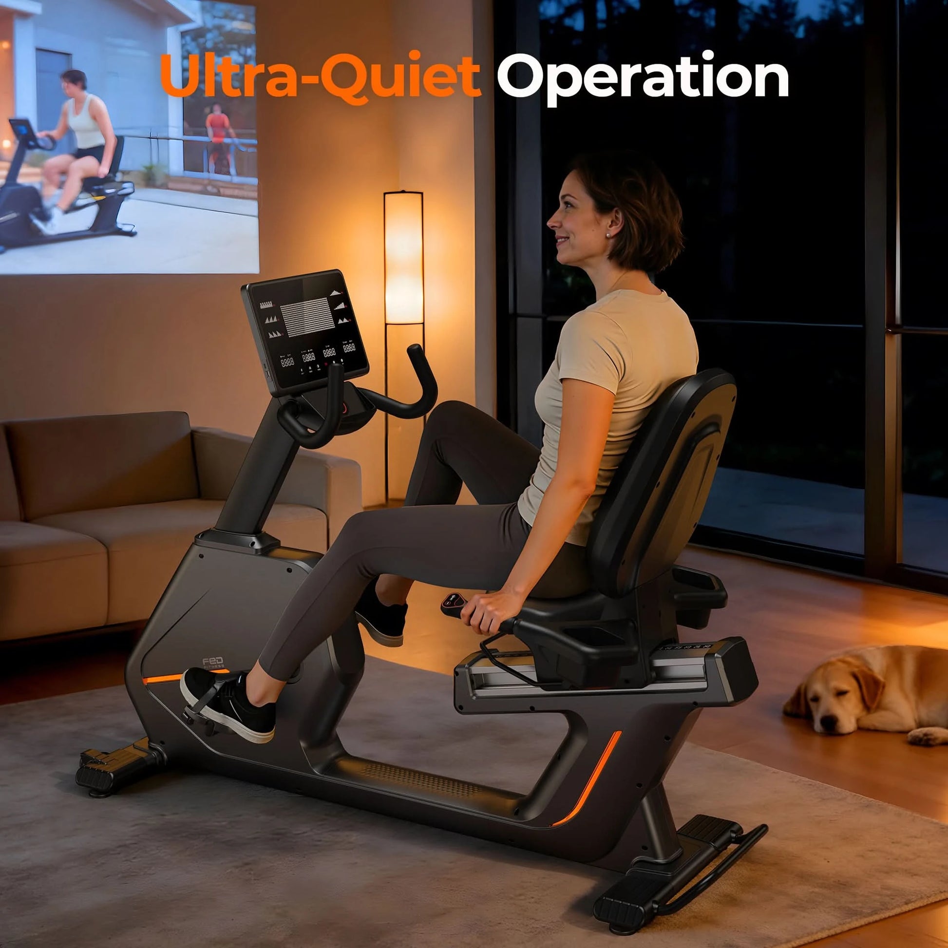 Woman exercising on a recumbent bike in a home setting with 'Ultra-Quiet Operation' text.