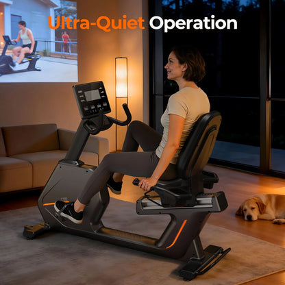Woman exercising on a recumbent bike in a home setting with 'Ultra-Quiet Operation' text.