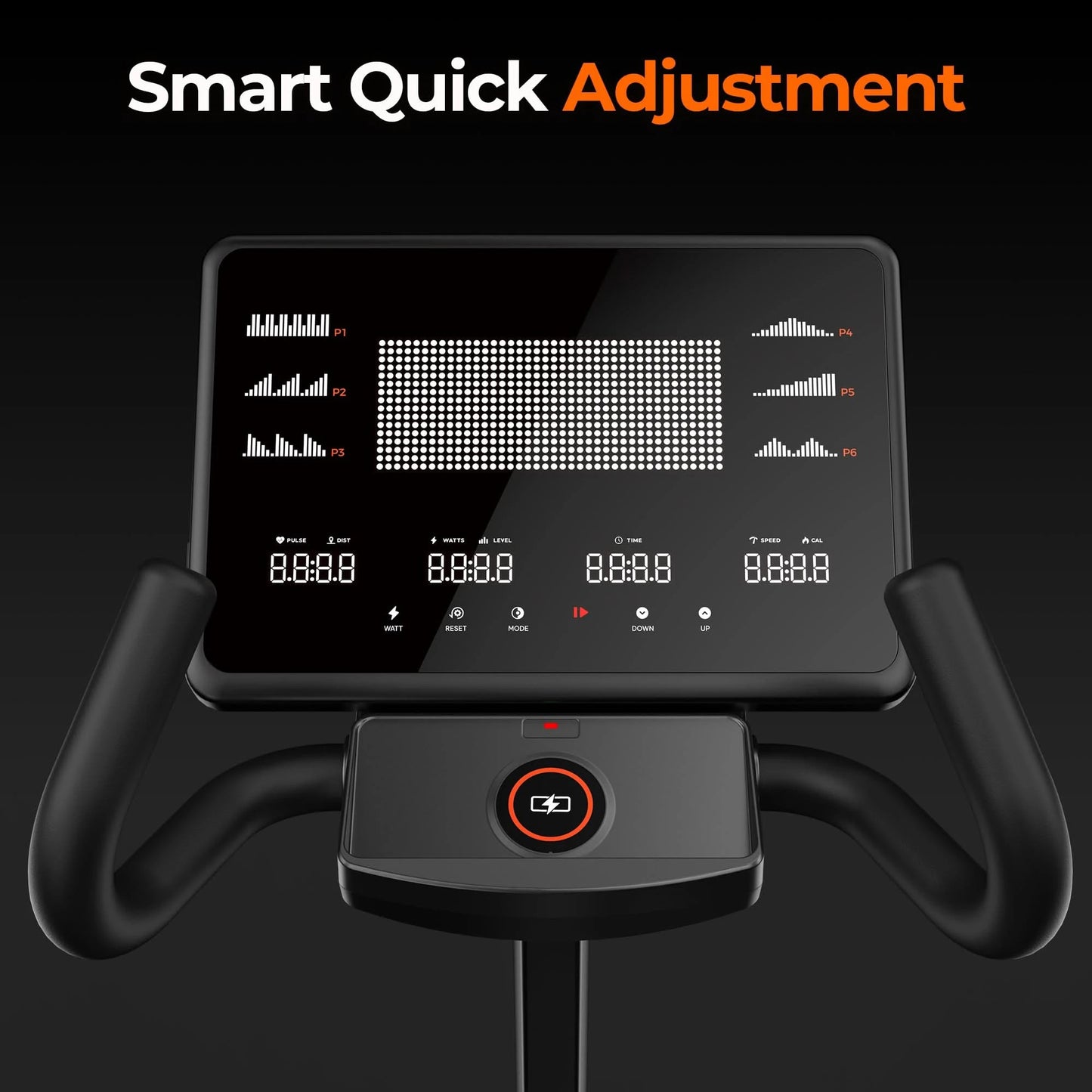 Exercise bike console with digital display and 'Smart Quick Adjustment' text on a black background