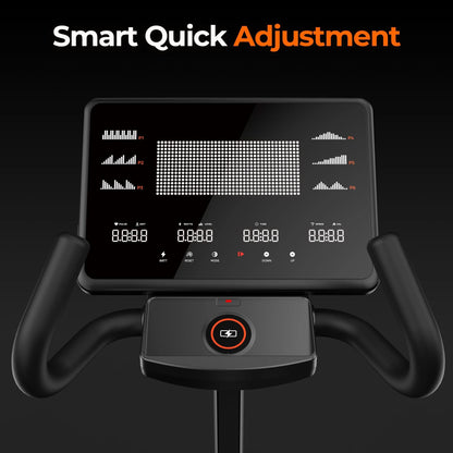 Exercise bike console with digital display and 'Smart Quick Adjustment' text on a black background
