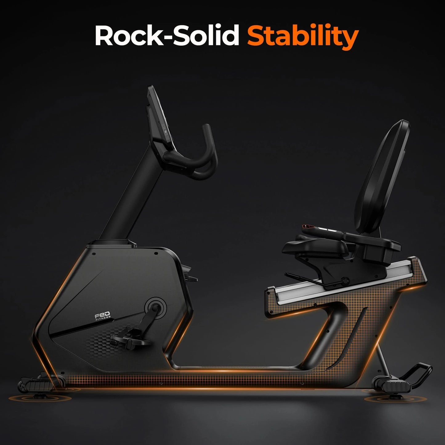 Exercise bike with 'Rock-Solid Stability' text on a dark background