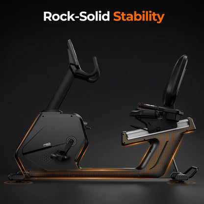 Exercise bike with 'Rock-Solid Stability' text on a dark background