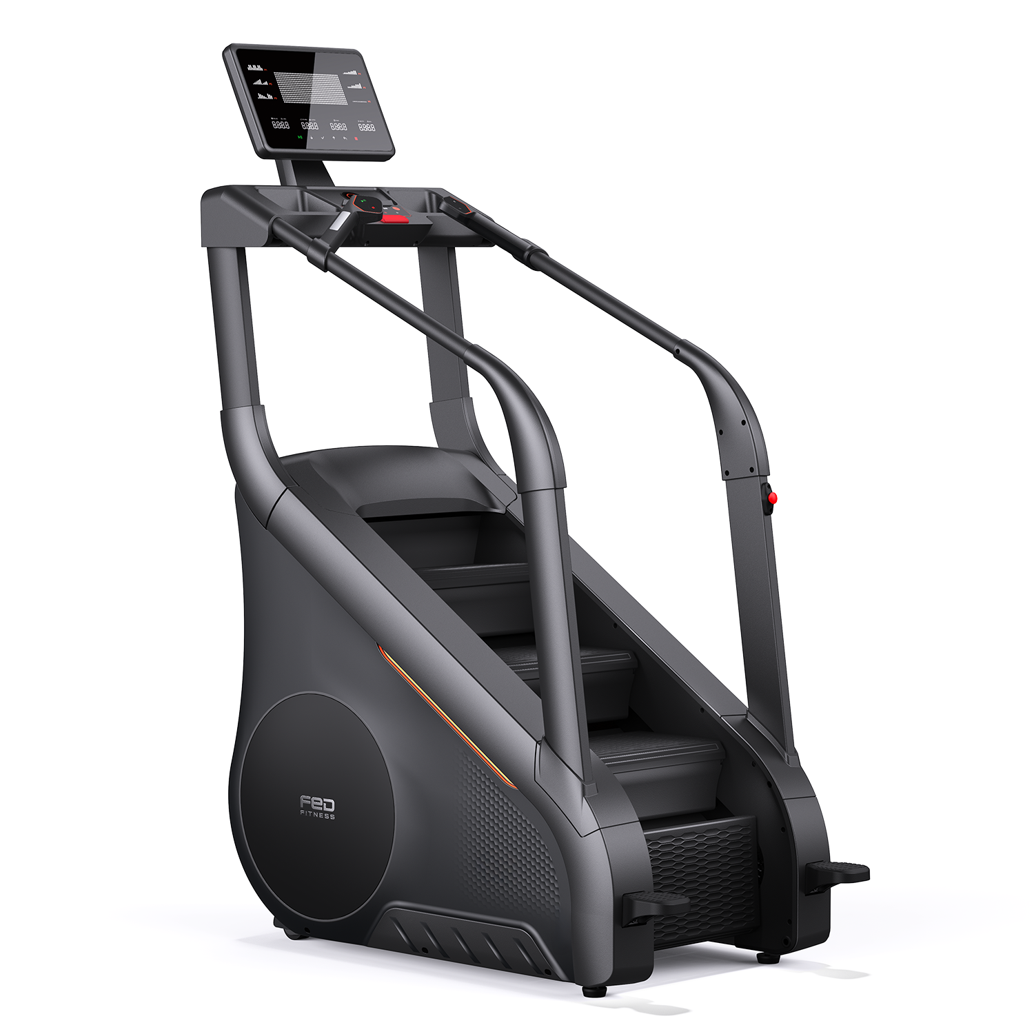 Stair climber exercise machine with digital display on a white background
