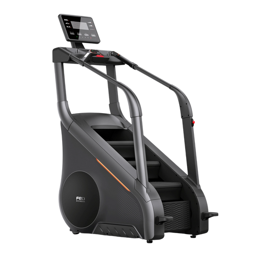 Stair climber exercise machine with digital display on a white background