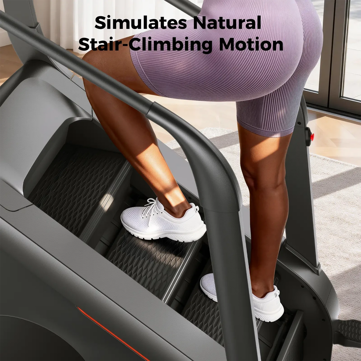 Person using a stair-climbing machine with text 'Simulates Natural Stair-Climbing Motion'.