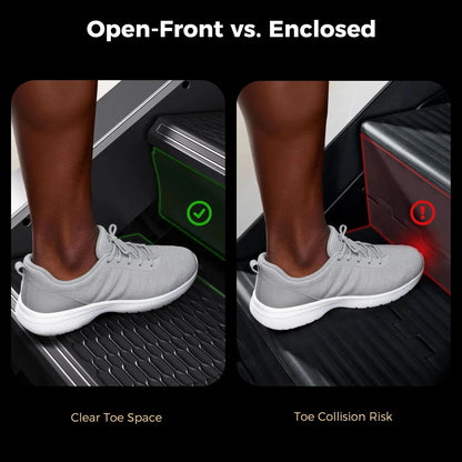 Comparison of clear toe space and toe collision risk with gray sneakers on a vehicle floor.