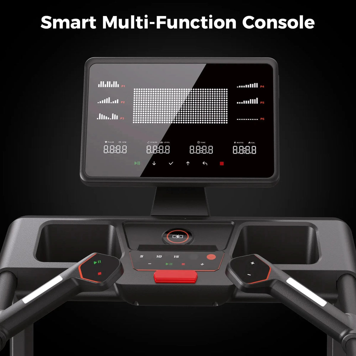 Smart multi-function console on a treadmill with digital display and control panel.
