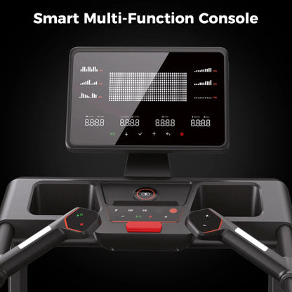 Smart multi-function console on a treadmill with digital display and control panel.