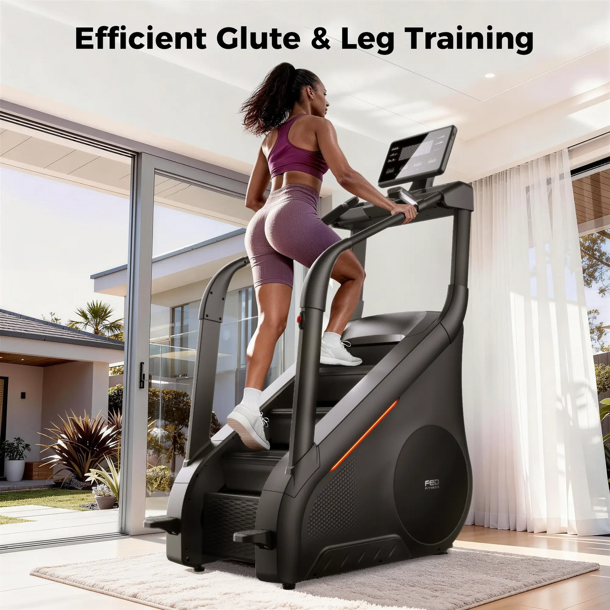 Woman using a treadmill for glute and leg training in a bright room with large windows.