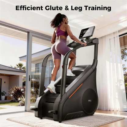 Woman using a treadmill for glute and leg training in a bright room with large windows.