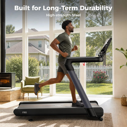 A man running on a black and dark gray PRO treadmill in a bright, modern living room with large windows overlooking a green backyard. White text at the top reads 'Built for Long-Term Durability High-strength Steel'.