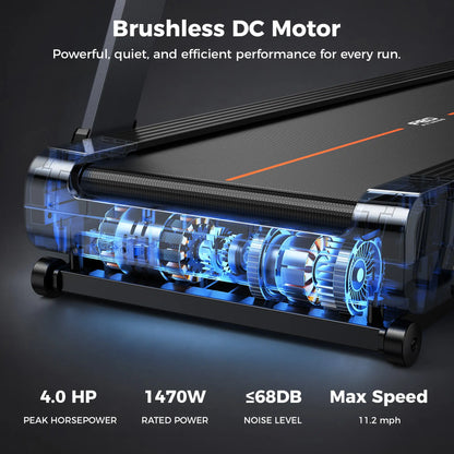 A treadmill shown on a dark studio background with marketing text highlighting a brushless DC motor. The treadmill deck and frame are black with a small orange accent line, and the transparent side panel reveals glowing blue mechanical components.