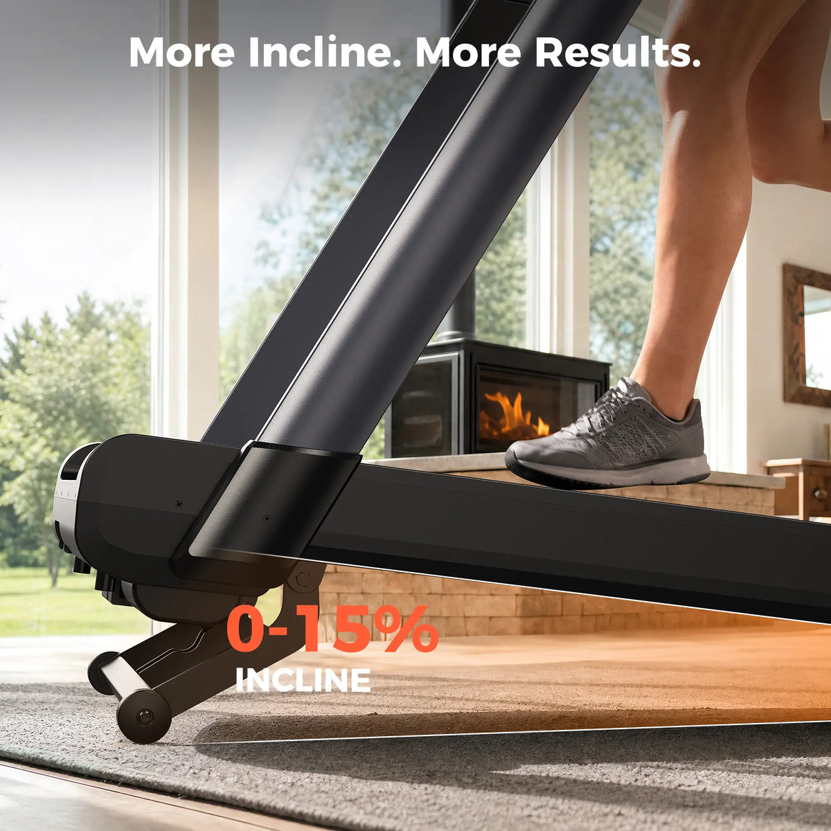 Close-up of a treadmill in a home interior with a person's lower leg and shoe visible, overlaid text reading 'More Incline. More Results.