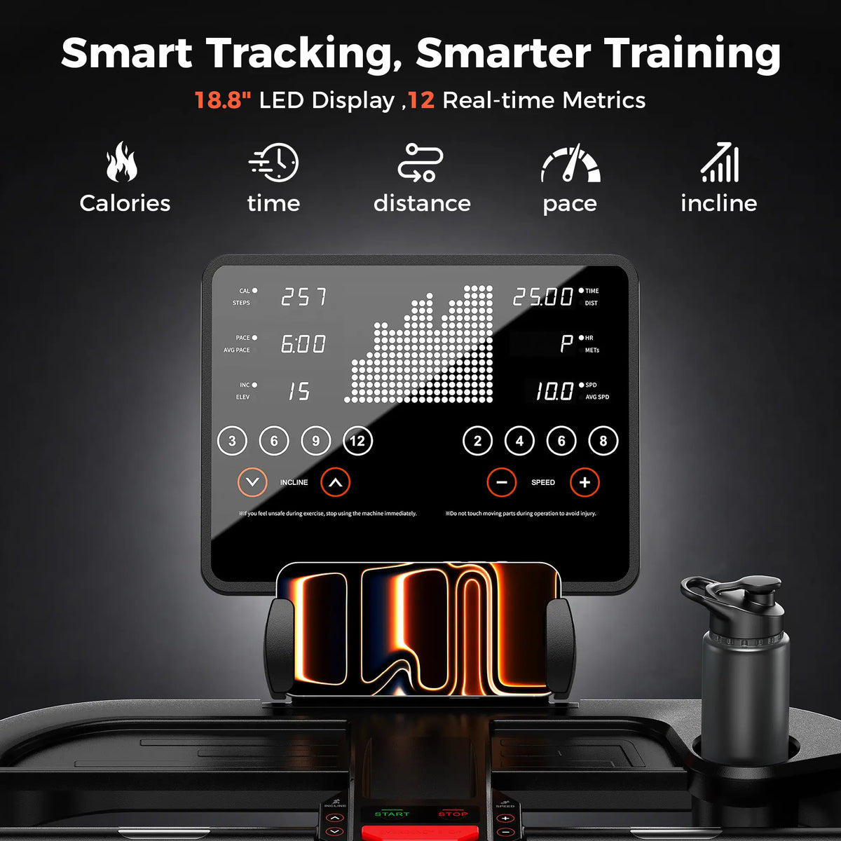 A smart fitness tracker charging stand mounted on a treadmill belt, with an illuminated black display showing running metrics. The image includes marketing text at the top about smart tracking and smarter training, along with icons for calories, time, distance, pace, and incline.