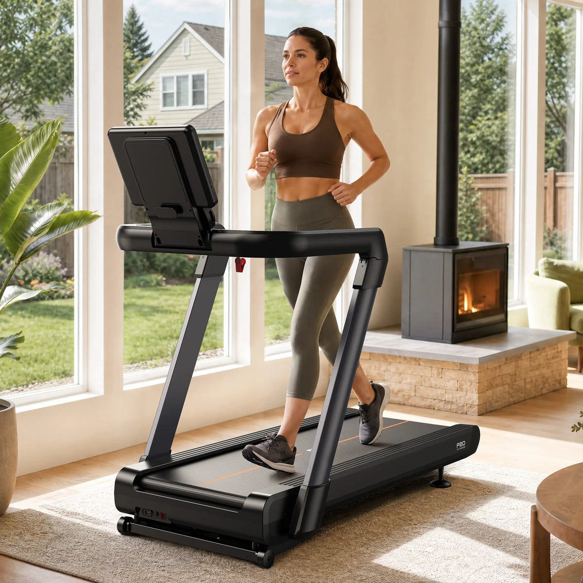 A woman jogging on a black treadmill in a bright, modern room with large windows, a wood-burning fireplace, and a visible 'Tread' brand mark on the treadmill.