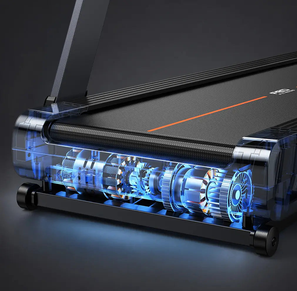Close-up of a treadmill showing its transparent side panel and illuminated internal mechanical components with blue lighting, on a dark studio background.