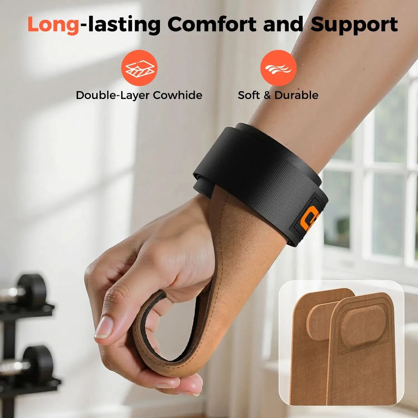 Hand holding a leather product with text about comfort, support, double-layer cowhide, and soft durability.