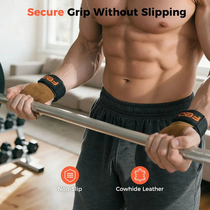 Person lifting weights with a barbell, wearing wrist wraps with 'FED' branding, in a gym setting.