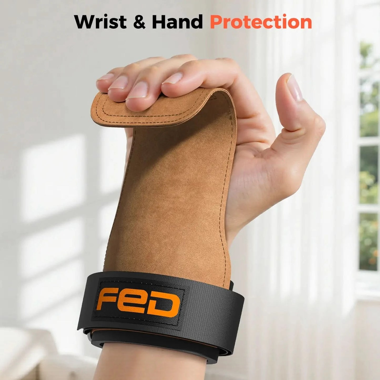 Hand wearing a brown wrist guard with 'FED' branding against a blurred indoor background
