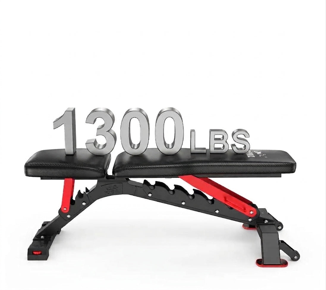 Adjustable weight bench with black padded surface, red support arms, and large silver '1300 LBS' text overlay on a clean white background.