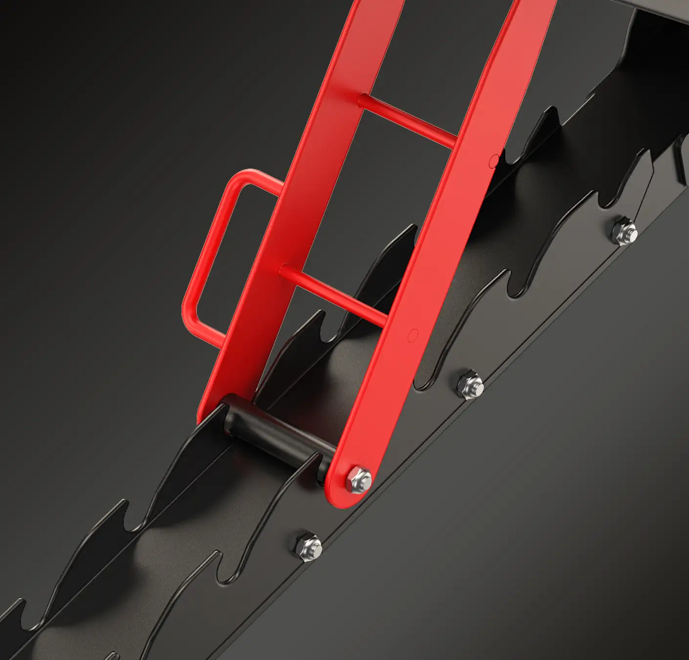 Close-up of a red metal ladder frame attached to a black metal sawtooth guide or rack, with visible silver screws on a dark studio background.