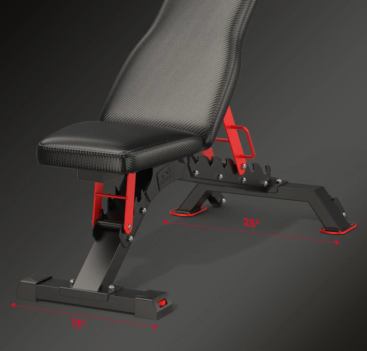 Adjustable weight bench with a black textured seat and backrest, red support frame accents, and red dimension callouts showing 13 inches width, 25 inches depth, and 13 inches height on a dark gray studio background.