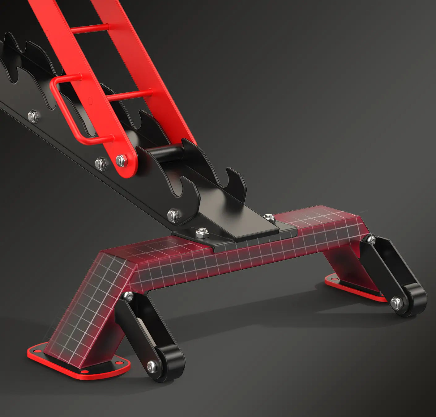 A close-up studio shot of a piece of exercise equipment, likely a step-and-reach or functional trainer component, featuring a bold red and black color scheme with a grid-patterned protective cover on the base.