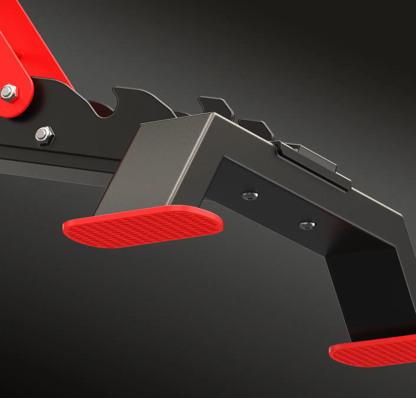 Close-up of a black metal gym weight bench with bright red textured footrests and red support arms against a dark gray background.
