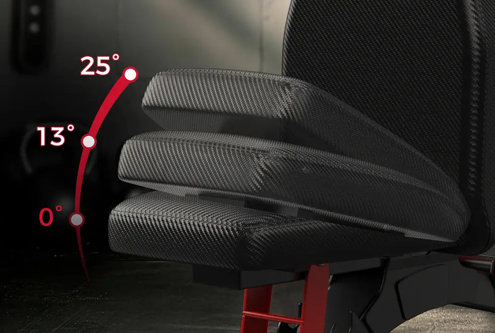 Close-up of a black textured office chair backrest with red support legs and a red graphic overlay showing angle markings from 25° to 0°.