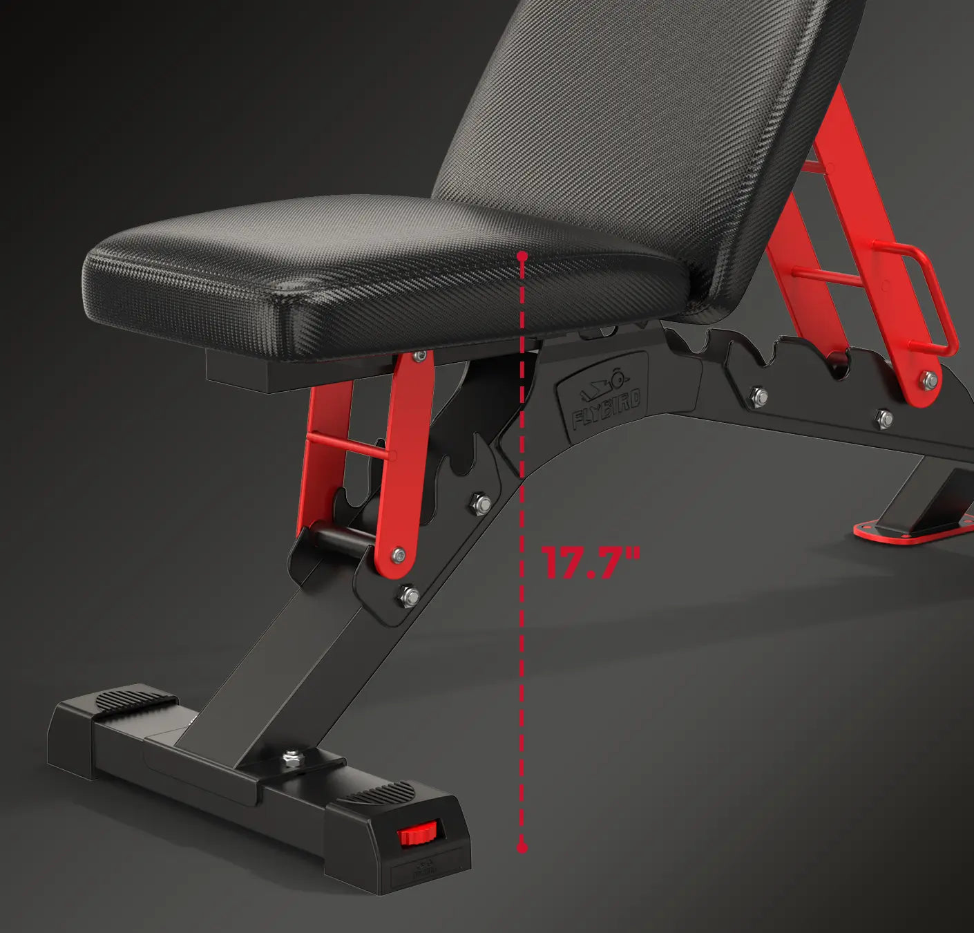 Adjustable weight bench with a black textured padded seat and backrest, red metal support arms, and a red dashed measurement overlay indicating 17.7 inches height.
