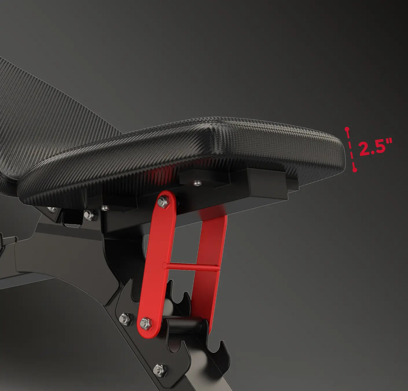 Close-up of a weight bench showing the seat height adjustment with a red dashed line and text indicating 2.5 inches taller, on a dark gray background.