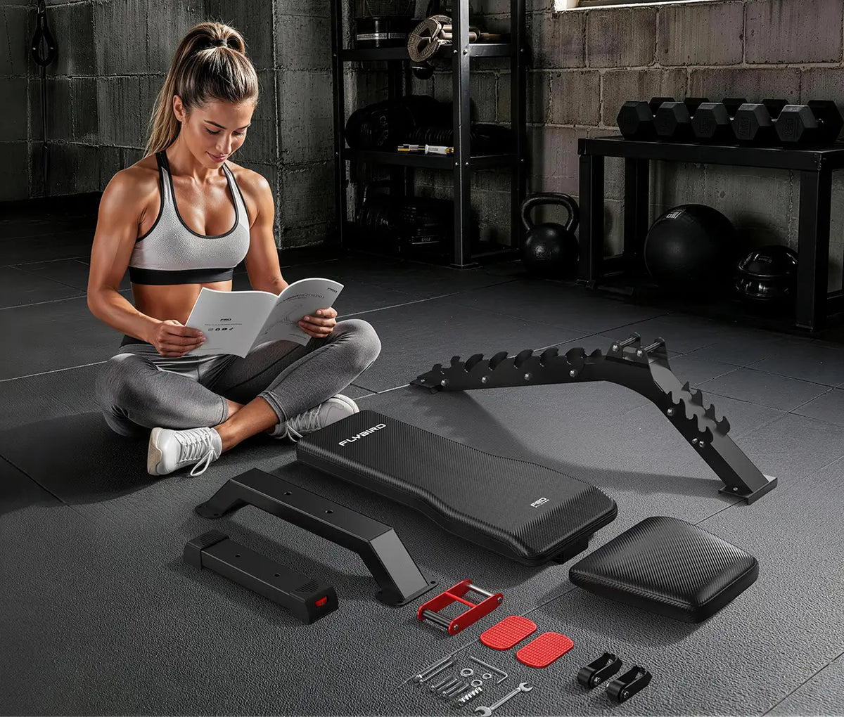 A woman sits cross-legged on a gym floor reading a manual, with a flat bench assembly and accessories arranged around her in a dark gym setting. The product appears to be a black adjustable weight bench set with red and black accessory pieces, plus a foam pad and small hardware.