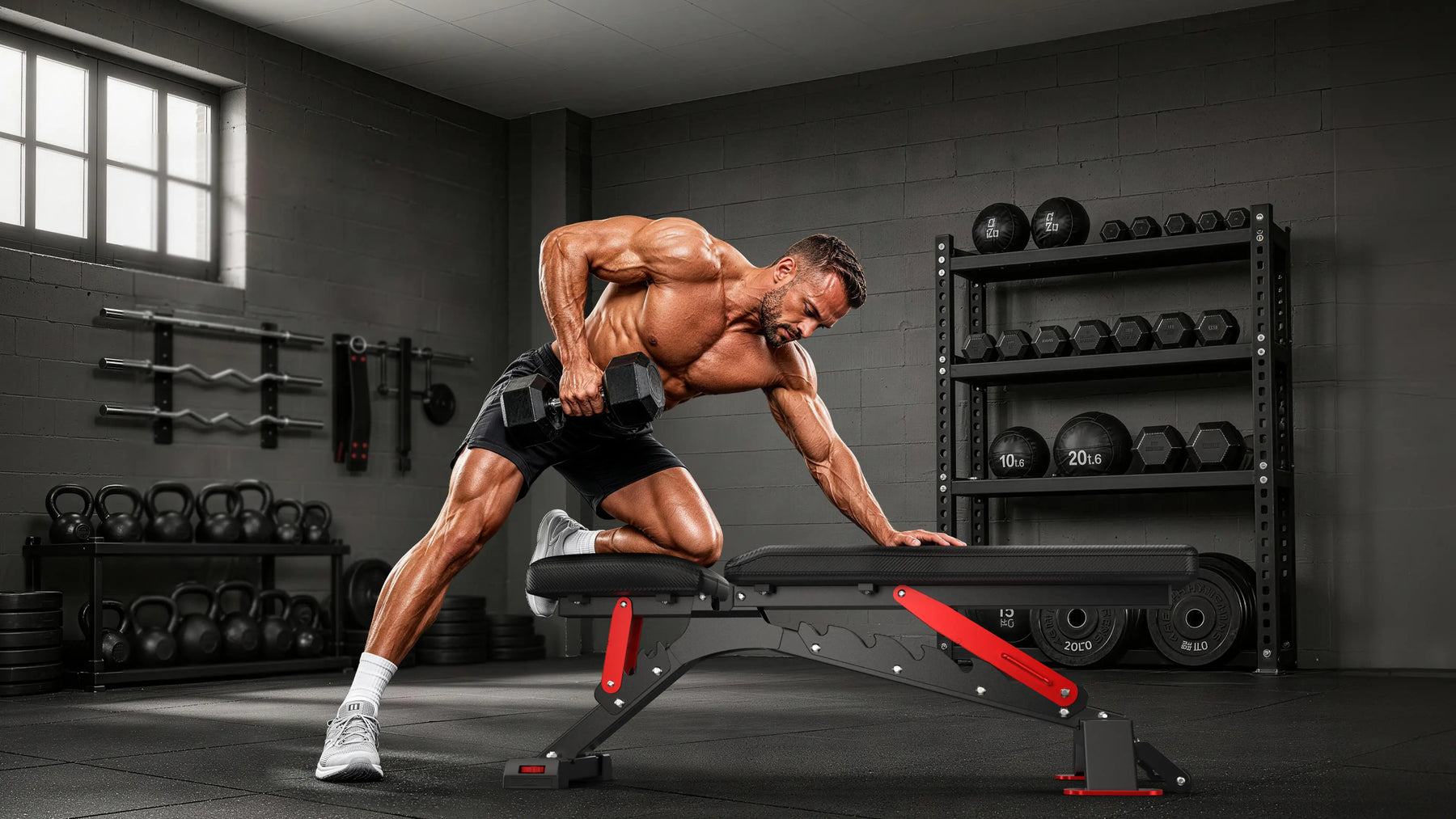 A muscular man in a gym performing a one-arm dumbbell row on a black and red adjustable weight bench. The gym features dark gray walls, a window, and racks of dumbbells and kettlebells in the background.
