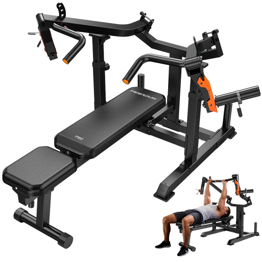 Black gym bench with adjustable arms and leg extensions on a white background