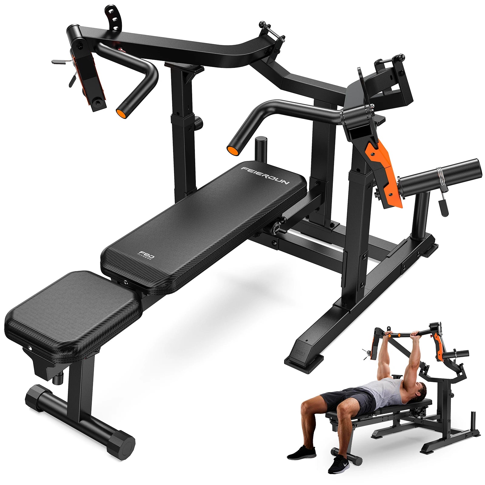 Black gym bench with adjustable arms and leg extensions on a white background