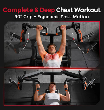 Person using a chest press machine with text about a complete chest workout.