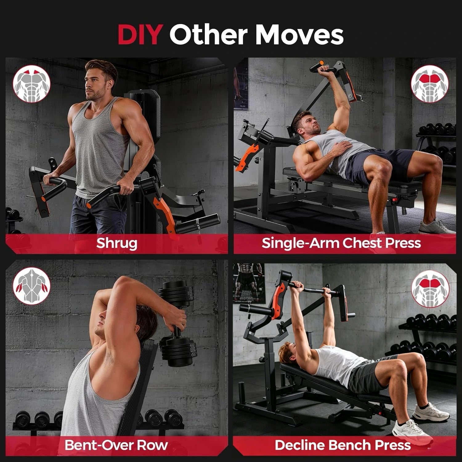 Four workout moves being demonstrated with text labels in a gym setting.