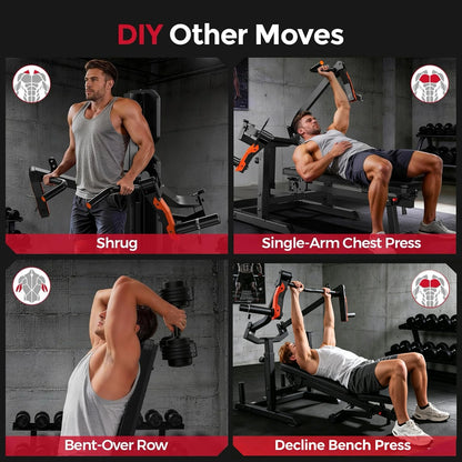 Four workout moves being demonstrated with text labels in a gym setting.