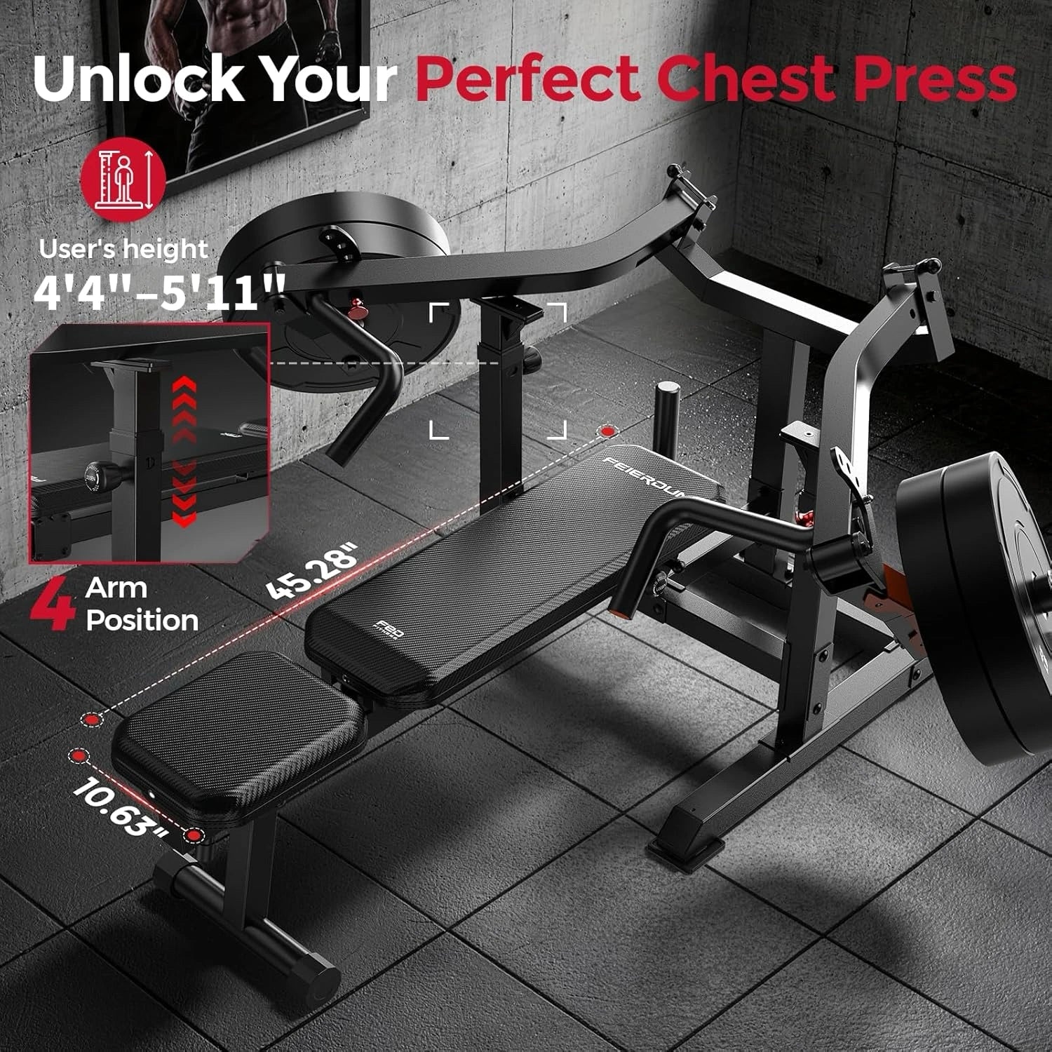 Gym machine with adjustable settings for chest press, on a tiled floor.