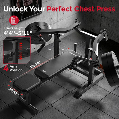 Gym machine with adjustable settings for chest press, on a tiled floor.