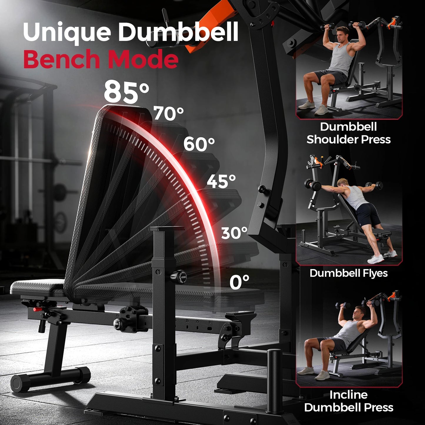 Dumbbell bench with adjustable angles and images of users performing exercises.