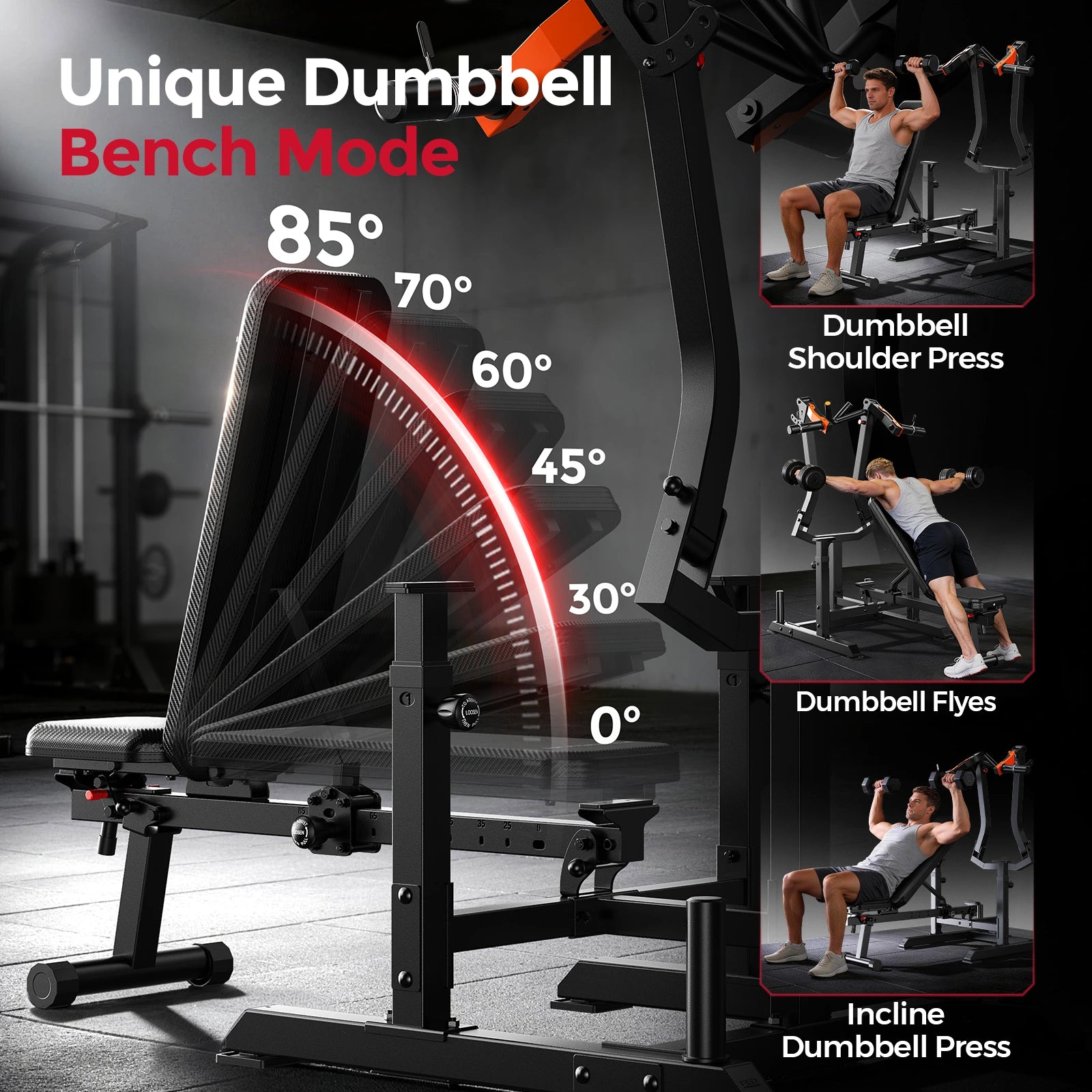 Dumbbell bench with adjustable angles and images of users performing exercises.
