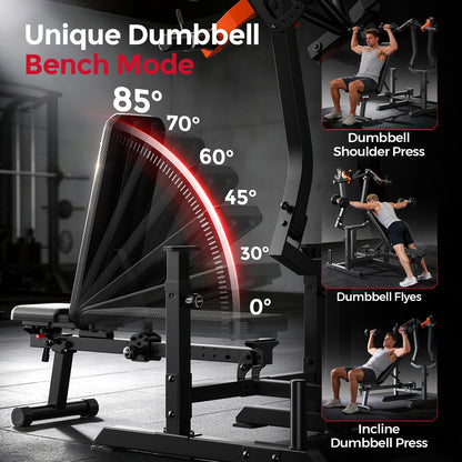 Dumbbell bench with adjustable angles and images of users performing exercises.