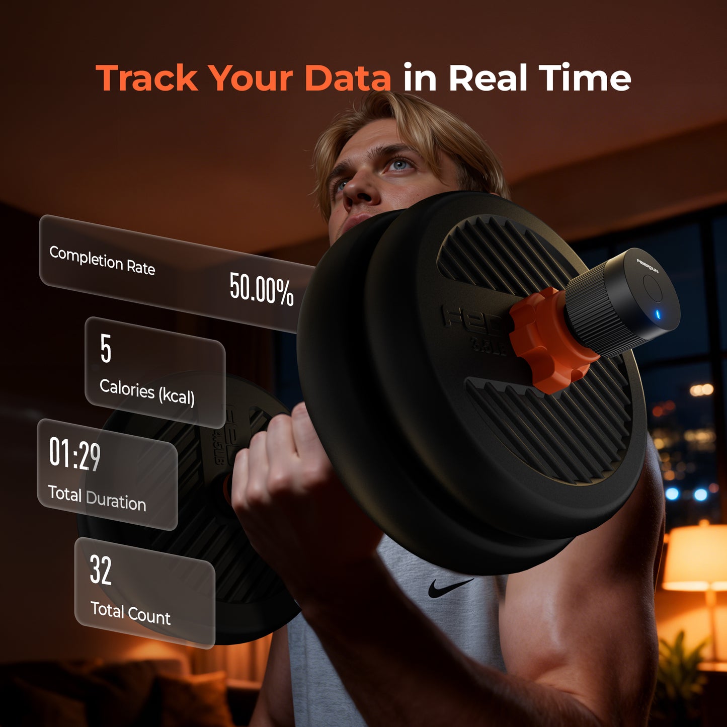 Person lifting weights with fitness data overlay on a dark background