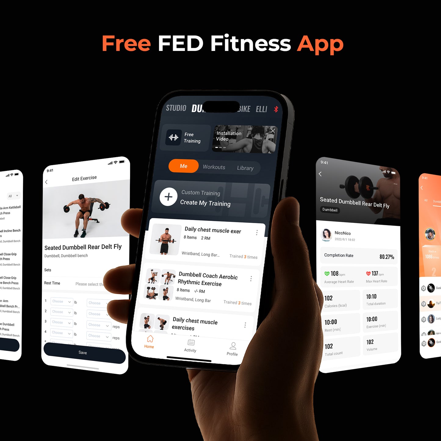 Hand holding a smartphone displaying the FED Fitness App with various workout screens.