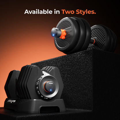 Pair of black dumbbells with digital display on a dark background, featuring text 'Available in Two Styles.'